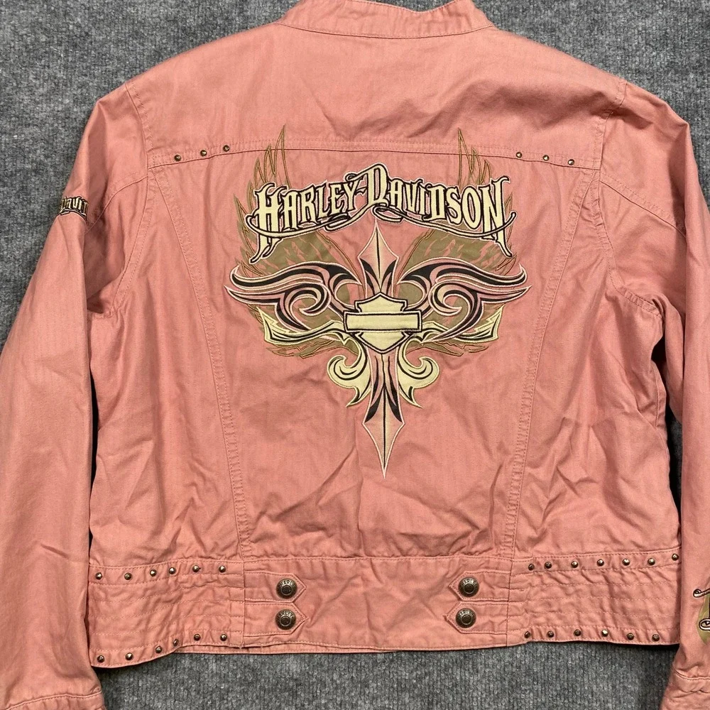Harley-Davidson Womens Pink Studded Embroidered Moto Biker Jacket‎ Petite L